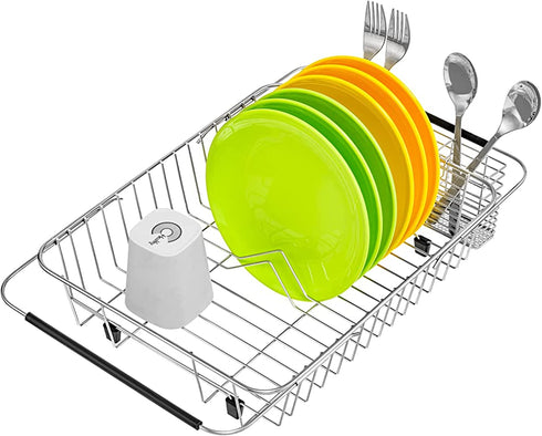 iPEGTOP Expandable Dish Drying Rack with Rustproof Stainless Steel Utensil Cutlery Holder, Over Sink Dish Rack Basket Shelf, Dish Drainer in Sink or On Counter