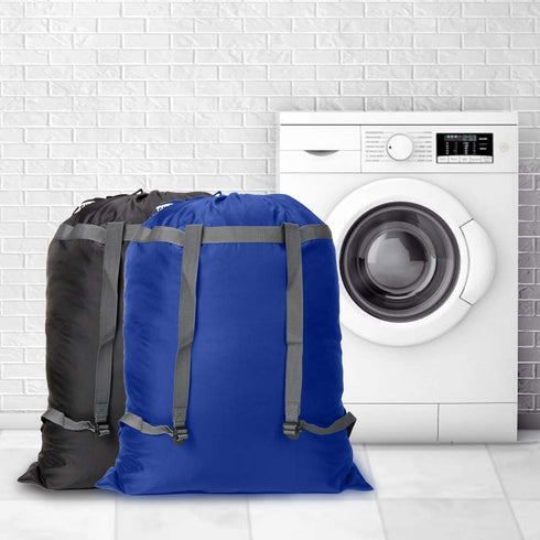 2 Pack Extra Large Laundry Bag Backpack 27?x34? Sturdy and tear resistant Heavy Duty backpack with drawstring closure and Shoulder Strap laundry bags for College Dorm Camp fold travel (Black&Blue)
