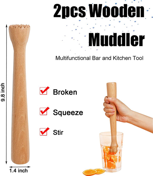 Yzzsjc 2pcs Wooden Cocktail Muddler 9.8inch Long Muddler Home Bar Tool Durable Wood Ice Crusher Bar Accessory and Cocktail Drinkware Tool Kitchen Masher Tool for Garlic Avocado Herbs and Fruits