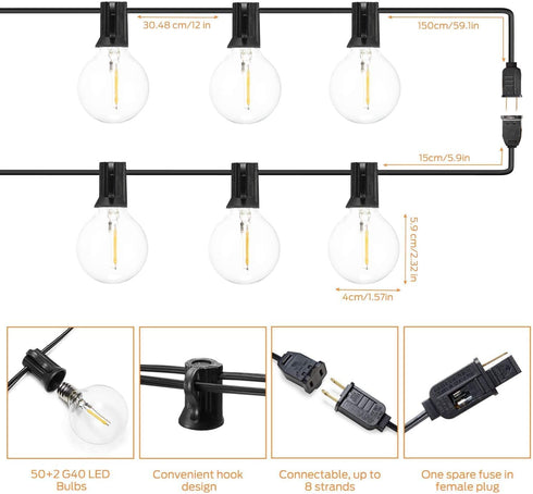 String Lights Outdoor LED Patio - 54 Ft Outside Hanging Waterproof Globe Edison Christmas Lighting 52 Bulb for Porch Cafe Backyard Bistro Party Warm White