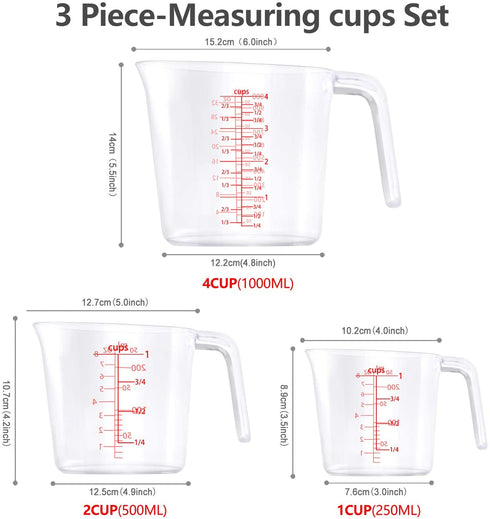 Drizom Measuring Cups Set , Good Grips 3-Piece Measuring Cup Set of BPA-free Stackable Clear Heat-resistant Plastic with Unique Plug-in Nested Design Handle and Multiple Angled Measurement Scales