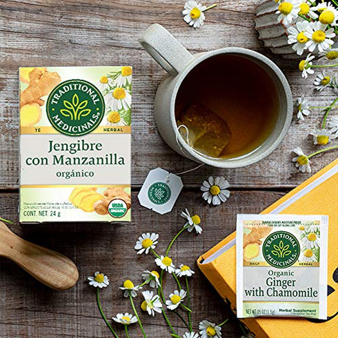 Traditional Medicinals Organic Ginger & Chamomile Herbal Tea, Relieves Occasional Indigestion or Nausea, (Pack of 1) - 16 Tea Bags