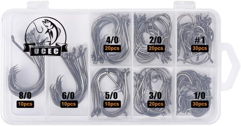 UCEC Circle Hooks Fishing Hooks 2X Strong Customized Offset Sport Circle Hooks Black High Carbon Steel Octopus 150pcs/box - Size:#1 1/0 2/0 3/0 4/0 5/0 6/0 8/0