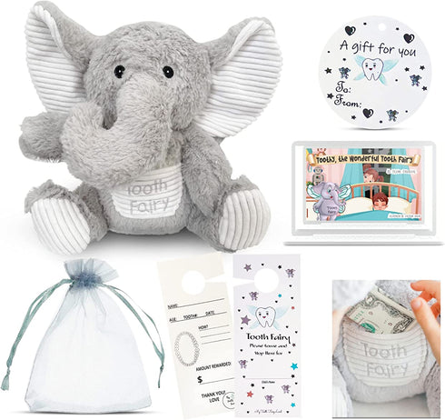 Elephant Tooth Fairy | Pillow for Girls | 10" Tooth Fairy Pillow Boy | Tooth Fairy Kit w/ Door Hanger & E-BOOK | Tooth Fairy Gifts for Girls | Tooth Holder for Tooth Fairy for Boys | Tooth Fairy Pouch