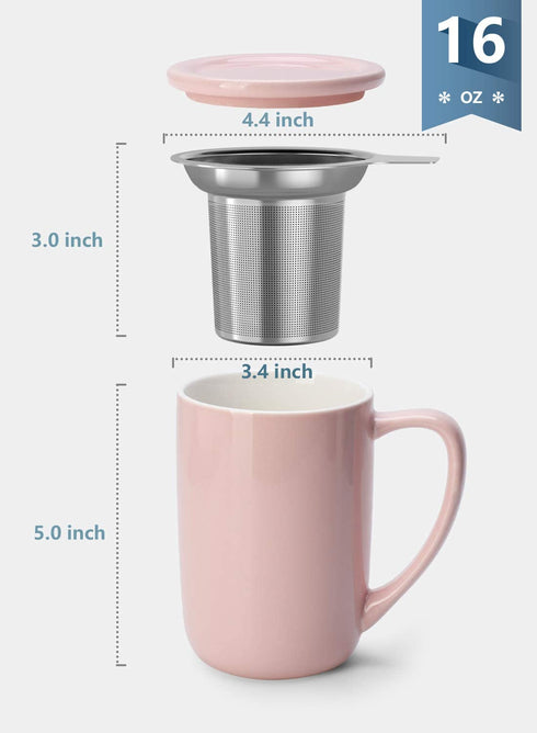 Sweese 203.108 Ceramic Tea Mug with Infuser and Lid, Single Cup Loose Tea Brewing System, Draw Your Own Design, 16 OZ, Pink