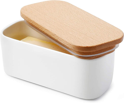 Sweese 325.101 Small Butter Dish - Airtight Butter Keeper Holds Up to 1 Sticks of Butter - Porcelain Container with Beech Wooden Lid, White