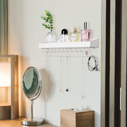 JACKCUBE DESIGN Hanging Jewelry Organizer with 23 Hooks, Wall Mounted Necklace Bracelet Earring Holder Hanger with Shelf (White, 14.37 x 2.95 x 3.86 inches) - MK208C