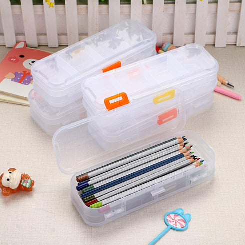 BTSKY Clear Double Deck School Pencils Box- Stationery Box Adjustable Small Pencil Case Organizer Durable Plastic Pen Holder Box with 4 compartments for Small School Supplies Organization(5 Pack)