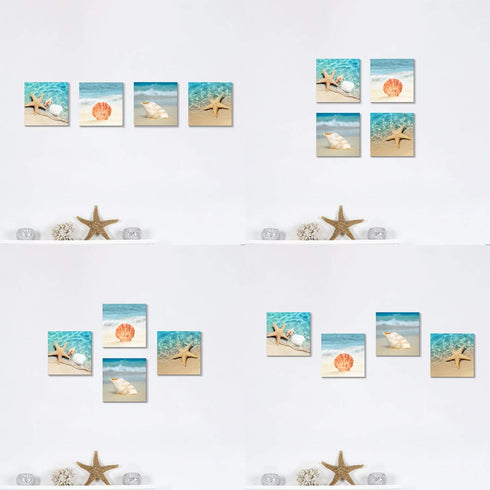 Hardy Gallery Beach Seashell Starfish Wall Art: Blue Ocean Beauties Artwork Print on Wrapped Canvas for Living Room (12''x12''x4pcs)