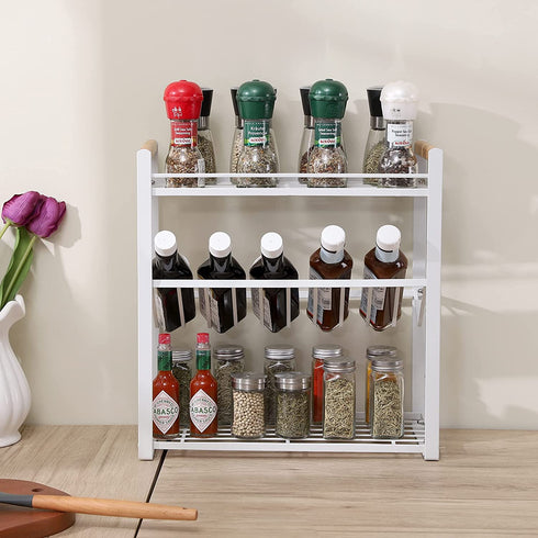 KES 3 Tier Spice Rack Organizer for Countertop, Spice Organizer for Kitchen, Seasoning Jars Condiment Sauce Organizer, Iron and Wood White, KSR512-WH