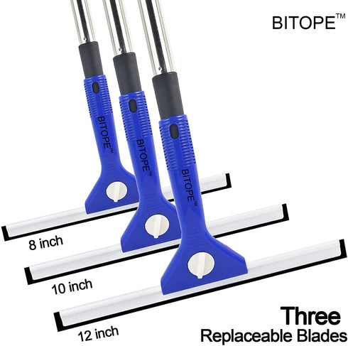 BITOPE 59" Long-Handled Window Squeegee with 3 Replaceable Water Squeegee Blades(8",10",12"), Removable Extension Pole Window Cleaner Squeegee for Shower Glass Door, Car Window, Window, Tile(Blue)