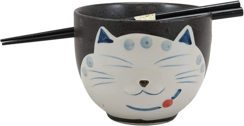 Ebros Whimsical Ceramic Black Lucky Meow Cat Pasta Ramen Udong Pho Noodles Soup Bowl and Chopsticks Set Dining Gourmet Meal Feline Cats Collection Rice Bowls Decor Kitchen