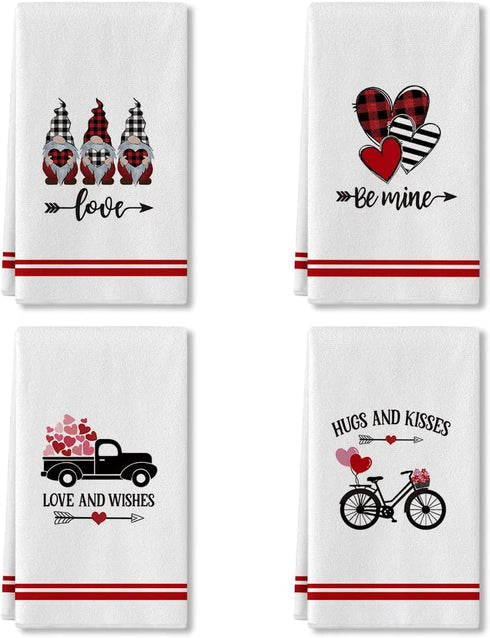 Artoid Mode Love Heart Gnome Kitchen Dish Towels, 18 x 26 Inch Seasonal Valentine's Day Anniversary Wedding Ultra Absorbent Drying Cloth Tea Towels for Cooking Baking Set of 4