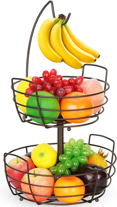 Bextsrack 2 Tier Fruit Basket Bowl with Banana Hanger for Kitchen Countertop, Portable & Detachable Fruit Vegetable Storage Holder Display for Kitchen -Bronze