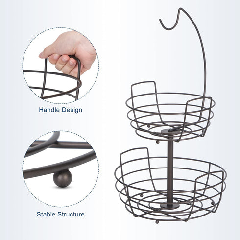 Bextsrack 2 Tier Fruit Basket Bowl with Banana Hanger for Kitchen Countertop, Portable & Detachable Fruit Vegetable Storage Holder Display for Kitchen -Bronze
