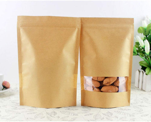 100 Pcs Kraft Paper Bags with Window, 4.7" x 7.9" Stand Up Pouches Bags, Zip Lock Food Storage Bags for Packaging Products, Reusable, Sealable