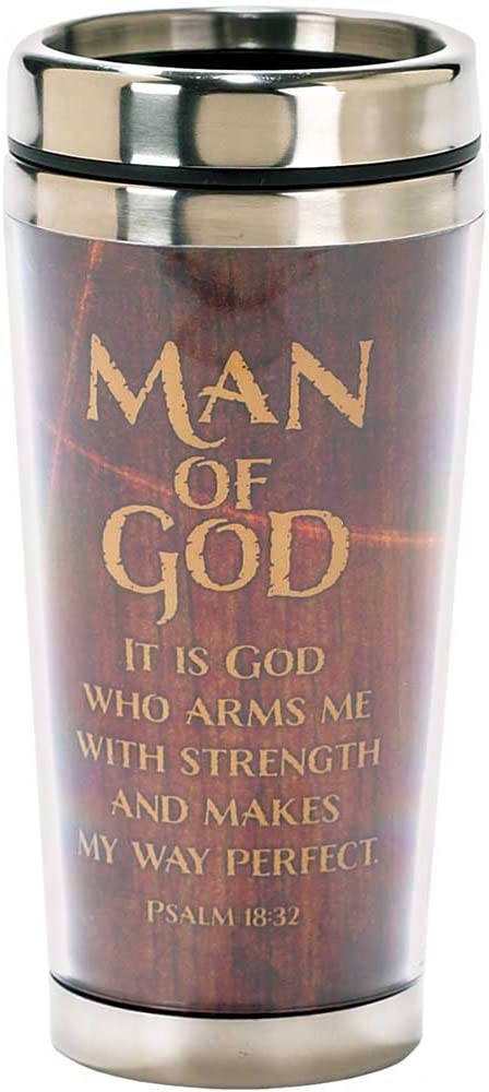 Man of God Woodgrain Psalm 18:32 Insulated 16 Oz. Stainless Steel Travel Mug with Lid