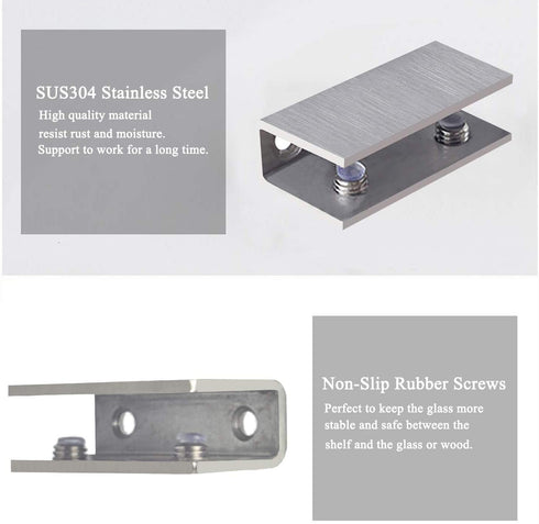 DOKU 4Pcs Adjustable 304 Stainless Steel Glass Clip Clamp Support 0.32"(8mm)-0.48"(12mm) Glass Shelf Brackets, Space Saving Bathroom Wall Mounted, Brushed Finished