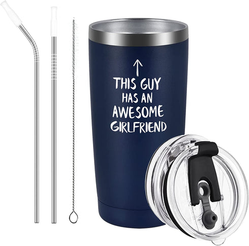 Qtencas Valentine's Day Gifts for Boyfriend Travel Tumbler, This Guy Has an Awesome Girlfriend Stainless Steel Insulated Tumbler with Lid, Boyfriend Men Birthday Gifts Tumbler(Navy Blue, 20oz)