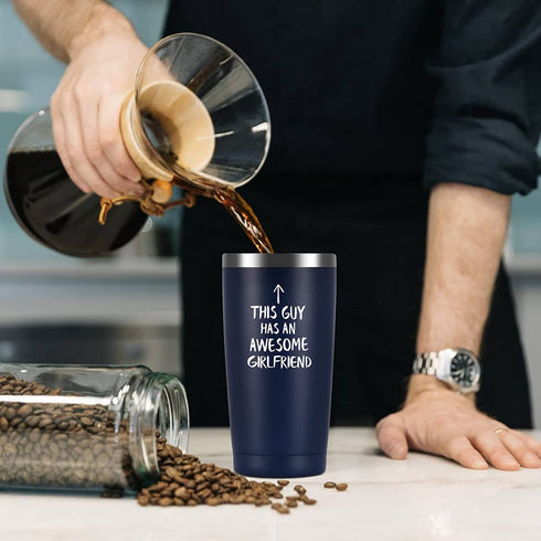 Qtencas Valentine's Day Gifts for Boyfriend Travel Tumbler, This Guy Has an Awesome Girlfriend Stainless Steel Insulated Tumbler with Lid, Boyfriend Men Birthday Gifts Tumbler(Navy Blue, 20oz)
