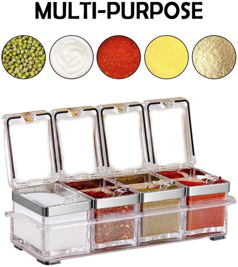 Aogist Kitchen Spice Pots 4 Piece Clear Seasoning Box - Premium Quality Seasoning Storage Container - Storage Container Condiment Jars - Seasoning Rack - Acrylic Seasoning Box with Cover and Spoon 304 Steel Edge