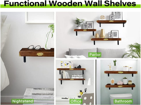 Wall Mounted Floating Shelves Rustic Solid Wood Shelves for Wall16 Inch Set of 2 Farmhouse Wide Wooden Hanging Wall Shelves for Bedroom Living Room Bathroom Farmhouse Kitchen Brown 16 x 5.5''