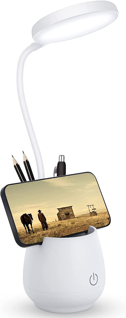 IEIK Desk Lamp for Home Office LED Desk Light with Pen Holder Phone Holder, Flexible Gooseneck Table Lamp with 1250 mAh USB Rechargeable Battery Stepless Dimming Study Lamp for Kids Bedroom Dorm