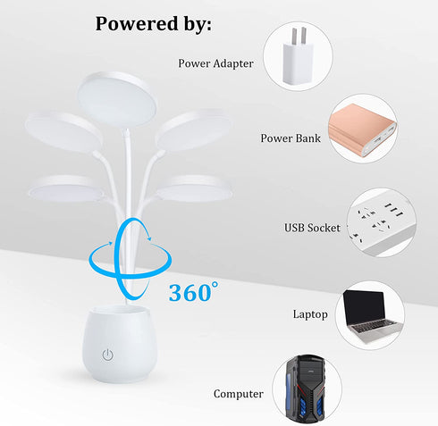 IEIK Desk Lamp for Home Office LED Desk Light with Pen Holder Phone Holder, Flexible Gooseneck Table Lamp with 1250 mAh USB Rechargeable Battery Stepless Dimming Study Lamp for Kids Bedroom Dorm