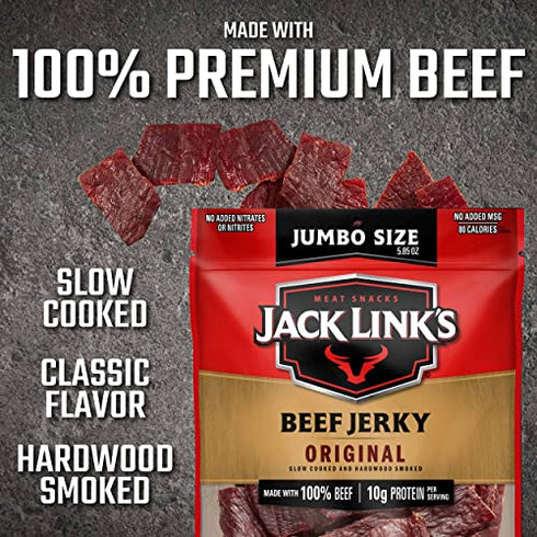 Jack Link's Beef Jerky, Original, 5.85 oz. Sharing Size Bag - Meat Snack, 11g of Protein, 80 Calories, Made with 100% Beef - 96% Fat Free, No Added MSG or Nitrates/Nitrites (Packaging May Vary)