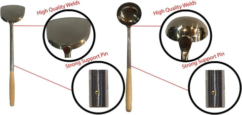 Wok Utensils Set 1 Wok Spatula & 1 Wok Ladle Set Large Size L17.5' x 5' Chinese Cooking Tools Wok Spoon & Wok Turner Cooking Utensils Set Wok Tools Wok Accessories Chuan Hoak Quality Stainless Steel