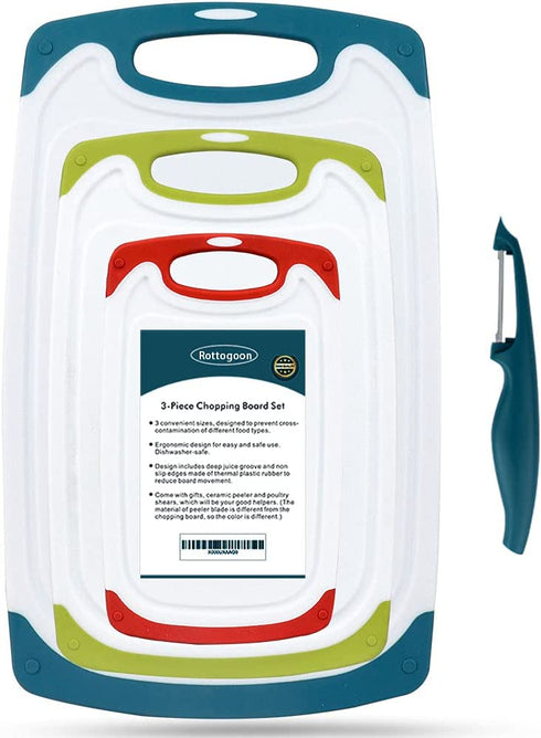 Cutting Boards for Kitchen, Plastic Chopping Board Set of 4 with Non-Slip Feet and Deep Drip Juice Groove, Easy Grip Handle, BPA Free, Non-porous, Dishwasher Safe