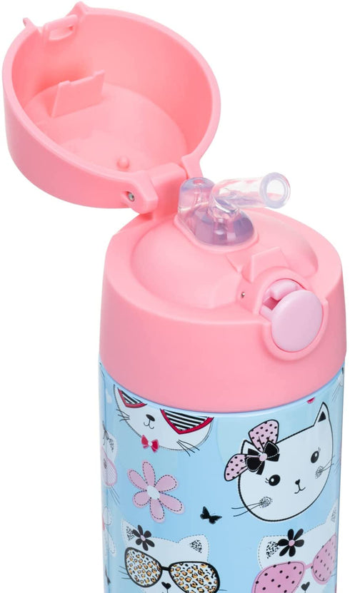 Snug Kids Water Bottle - insulated stainless steel thermos with straw (Girls/Boys) - Kitty, 12oz