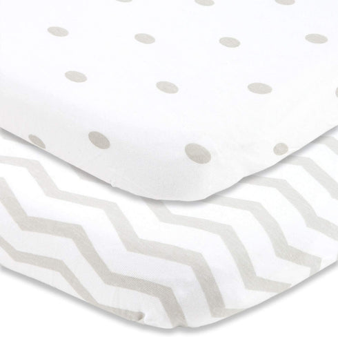 Cradle Sheets Fitted 18 x 36 Fits Most Bedside Sleeper Bassinets Without Bunching Mattress Pad Snuggly Soft Jersey Cotton Grey Dots, Chevron 2 Pack