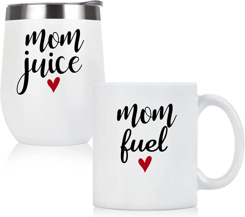 Qtencas Mom Gifts, Mom Juice Wine Tumble and Mom Fuel Coffee Mug Set, Mother's Day Birthday Christmas Gift for Mom New Mom Mother to be Wife Women, White Insulated Stainless Steel Wine Tumbler and Mug