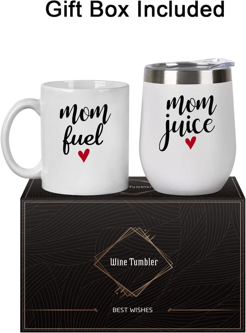 Qtencas Mom Gifts, Mom Juice Wine Tumble and Mom Fuel Coffee Mug Set, Mother's Day Birthday Christmas Gift for Mom New Mom Mother to be Wife Women, White Insulated Stainless Steel Wine Tumbler and Mug