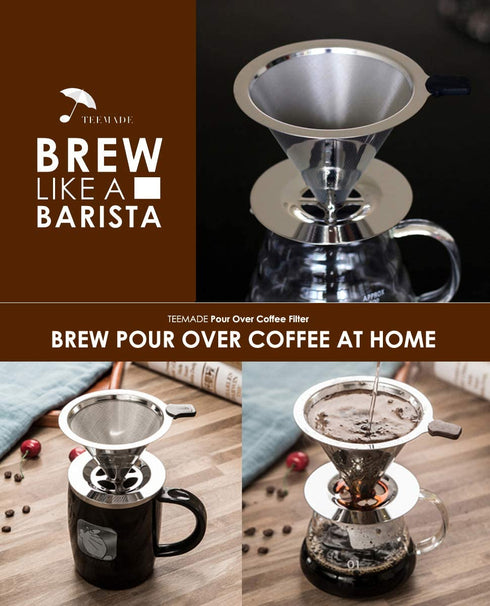 Pour Over Coffee filter with Stand,Paperless Pour Over Coffee Dripper Manual Reusable Stainless Steel Cone Filter, Single Drip Brew, Double Mesh Liner By TEEMADE