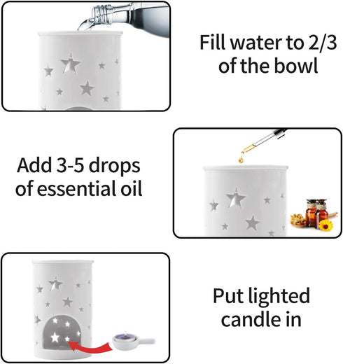 T4U Ceramic Tealight Candle Holder Oil Burner, Essential Oil Incense Aroma Diffuser Furnace Home Decoration Romantic White Set of 2, Star Pattern
