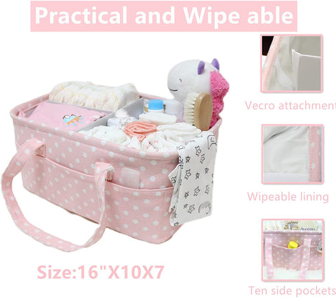Baby Diaper Caddy Pink Large Collapsible Nursery Organizer Storage Basket for Girl Portable Holder Tote Bag for Changing Table Car Travel Registry Favorites Newborn Essentials Must Haves small dots