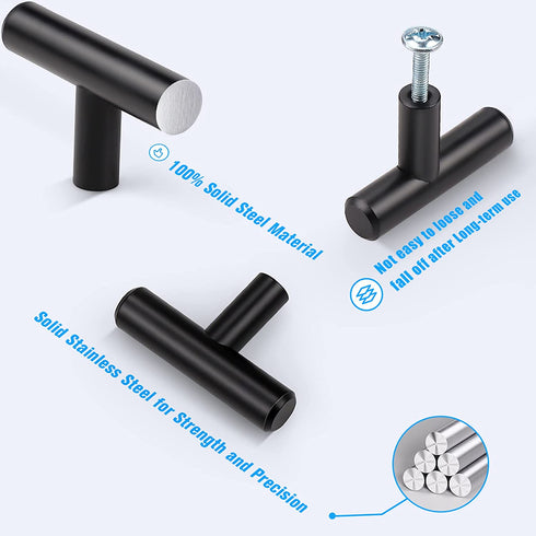 KNOBWELL 10 Pack Solid Stainless Steel Kitchen Cabinet Knobs Matte Black Finish, Single Hole 2 Inch, Black Kitchen Cabinet Knobs Bathroom Cabinet Pulls