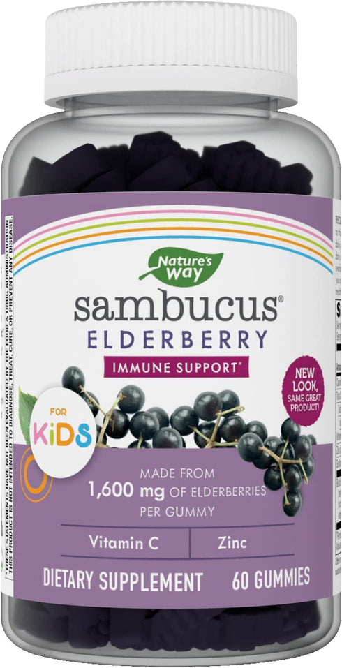 Nature’s Way Sambucus Elderberry Gummies for Kids, Immune Support Gummies*, with Vitamin C and Zinc, Delicious Berry Flavor, 60 Gummies