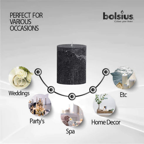 BOLSIUS Rustic Anthracite (Black) Unscented Pillar Candles - 2.75" X 3.25" Decoration Candles Set of 3 - Clean Burning Dinner Candles for Wedding & Home Decor Party Restaurant Spa- Aprox (80x68m)