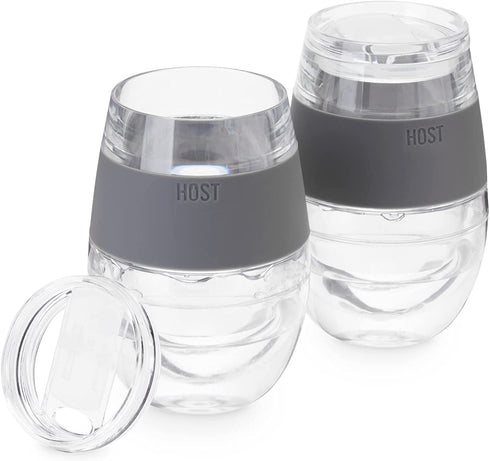 Host Cooling Wine Freeze Cup with Lid, Set of 2 Plastic Double Wall Insulated Wine Tumbler Freezable Drink Vacuum Cup with Freezing Gel, Wine Glasses for Red and White Wine, Gift Essentials, Gray
