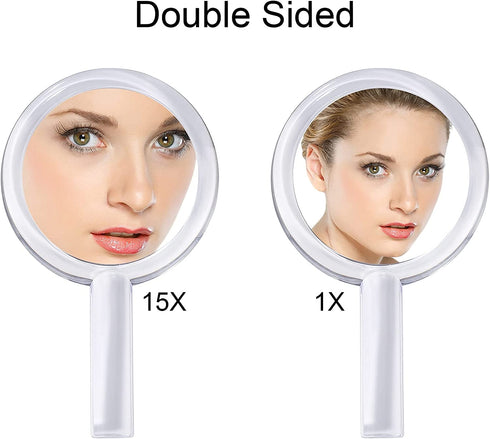 Handheld Mirror with Handle Double Sided, 1x/15x Magnifying Hand Mirror for Women, Hand Held Mirror with Adjustable Stand, 6"