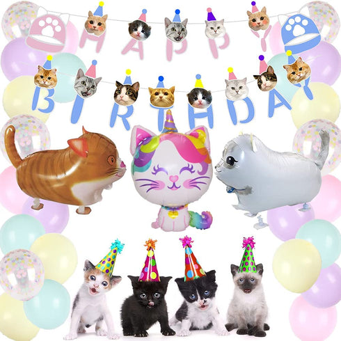 63Pcs Cat Party Decorations Cat Happy Birthday and MEOW Cat Face Banner Cat Cake Toppers Walking Cat Balloons for Pets, Cat Lover, Kids Cat Theme Birthday Party