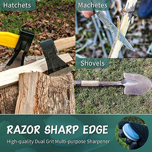 4 Axe Sharpener Tools with Sheath, Multipurpose Axe Sharpener Stone Axe Dual Grit Sharpener Puck Camping Hatchet Sharpening Stone Disk in Black and Blue for Dull Axe Sharpening (Diameter 7.7 cm)