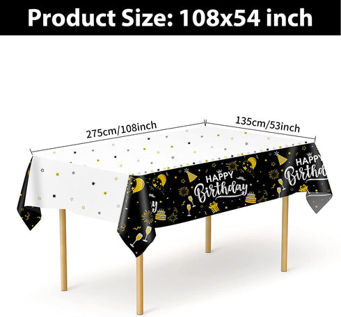 Happy Birthday Decorations, 6pcs Black and Gold Birthday Tablecloth for Men Women, Plastic Disposable Rectangle Table Cover for 90th 80th 70th 60th 50th 40th 30th Birthday Party Decor- 54" x 108"