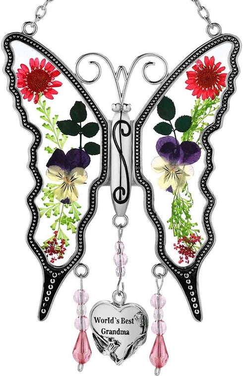 World`s Best Grandma New Butterfly SunCatcher Stained Glass Butterfly Sun Catcher Wind Chime for Windows for Grandma Happy Mother`s Day Valentine's Day Birthday Christmas Thanksgiving Gift