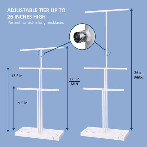 LKKL Jewelry Organizer Stand with Adjustable Extra Long Tier, 3-Tier Jewelry Holder Stand with Resin Tray, Necklace Holder, Jewelry Tree, Jewelry Tower For Earrings, Long Necklaces, Bracelets and Rings- White