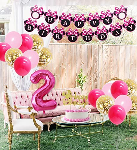 Cartoon Mouse Theme 2nd Birthday Decorations for Girls, Oh Twodles Number 2 Foil Balloon, Happy Birthday Banner and Cartoon Mouse Theme Cake Topper for Mouse Second Birthday Party Supplies