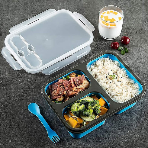 MAXCOOK Collapsible Lunch Container Stacking Silicone Lunch Box with Spoon & Fork, 1500ml/3-Compartment Portable Bento Storage Containers for Food, Microwave, Freezer, Dishwasher Safe, BPA Free Blue
